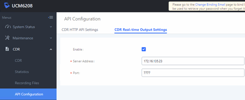 Real Time CDR. API configuration